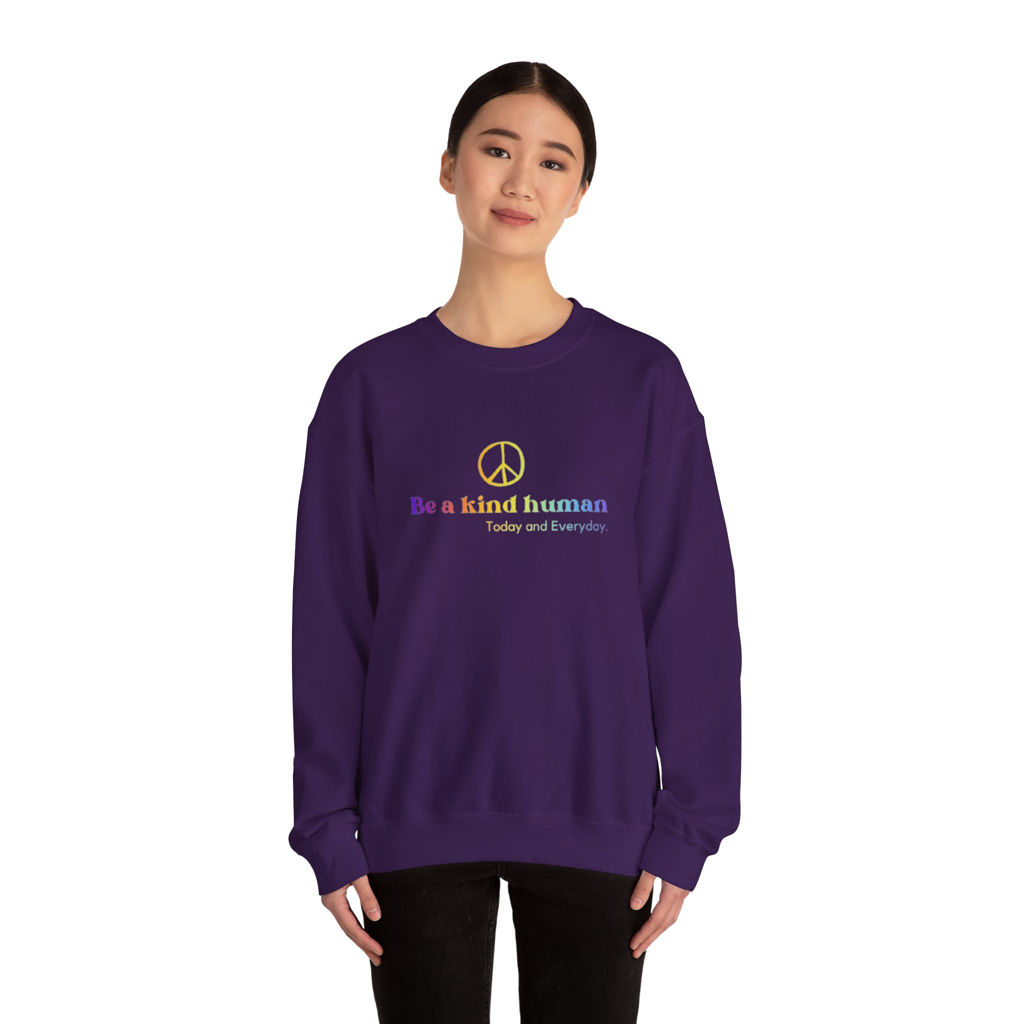 Be a Kind Human Crewneck Sweatshirt — Peace Sign, Rainbow Text "Be a kind human Today and Everyday" - Image 3