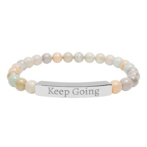 Engraved 'Keep Going' Natural Stone Bar Bracelet — Stretch Beaded Inspirational Jewelry