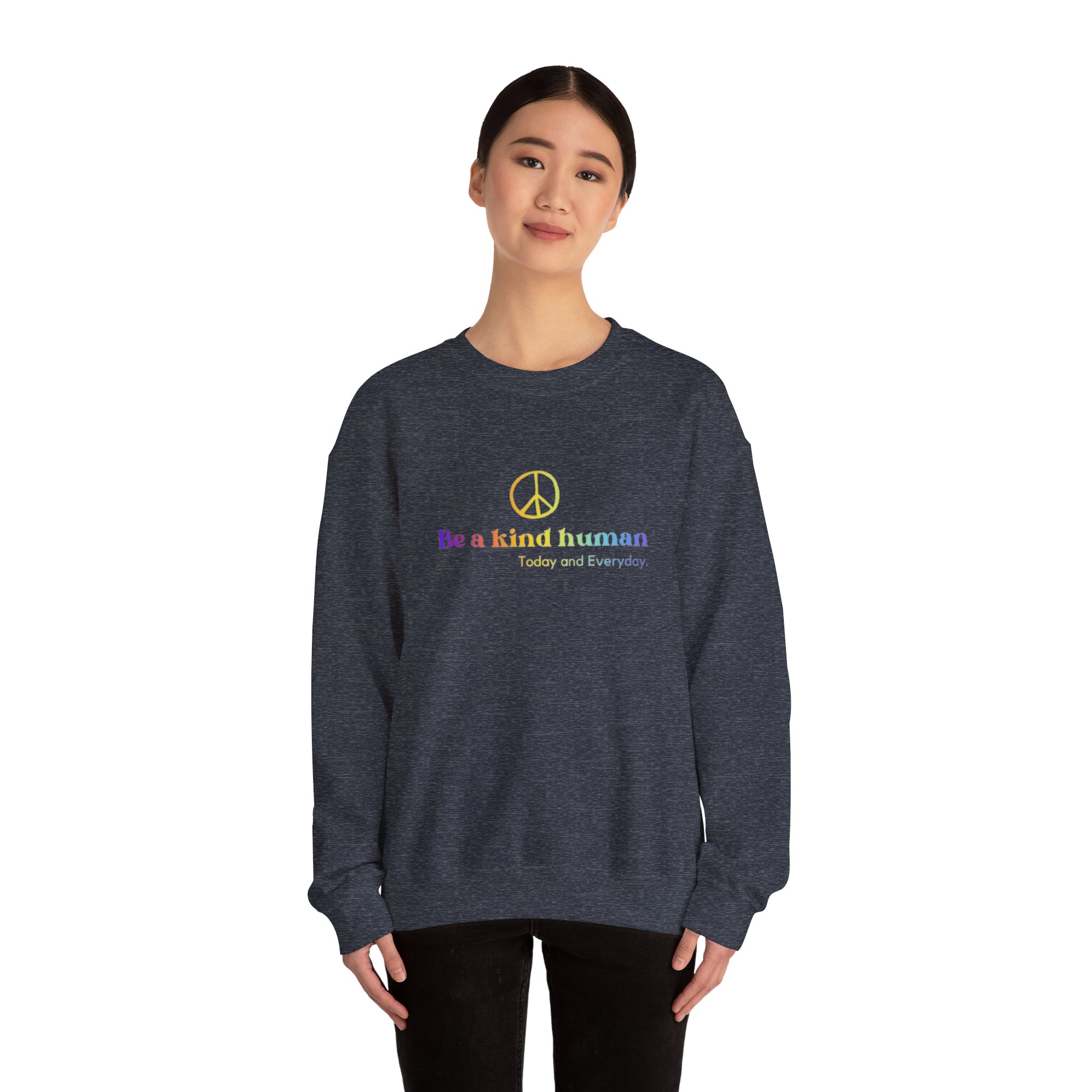 Be a Kind Human Crewneck Sweatshirt — Peace Sign, Rainbow Text "Be a kind human Today and Everyday" - Image 2