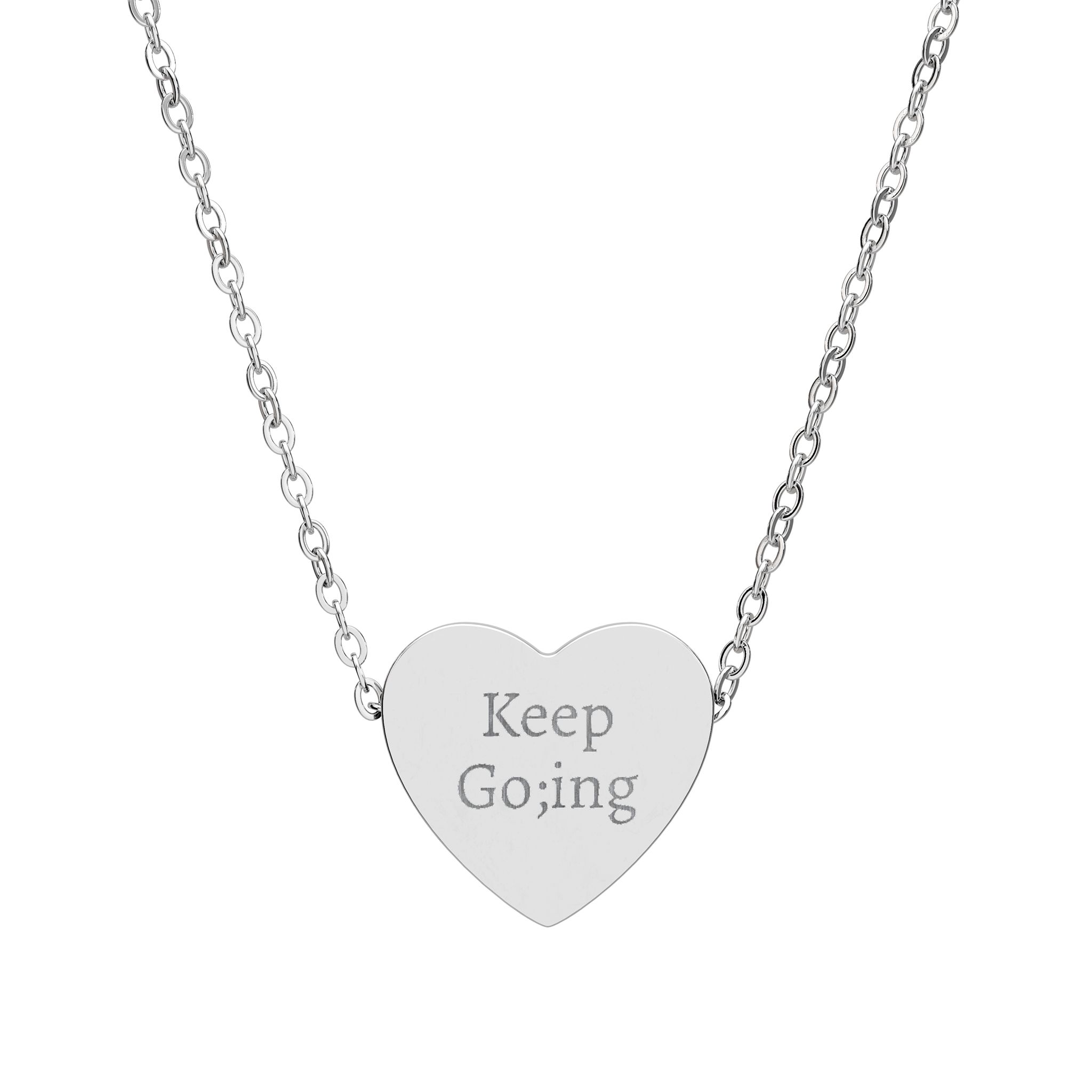 Engraved Heart Necklace — "Keep Going with Semi Colon" Inspirational Pendant