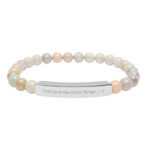 Engraved Natural Stone Bead Bracelet — Stretch Bar Bracelet with Personalized Plate