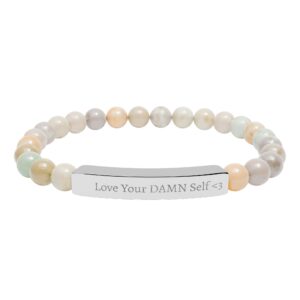 Love Your DAMN Self Engraved Natural Stone Stretch Bar Bracelet