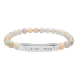 Soft Heart Strong Soul engraved Natural Stone Bar Bracelet | Stretch Beaded Bracelet, Mental Health