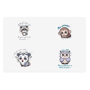 Sassy Sleepy Woodland Critter Stickers Sticker Sheets | Raccoon Monkey Possum Owl, Mental Health Jokes