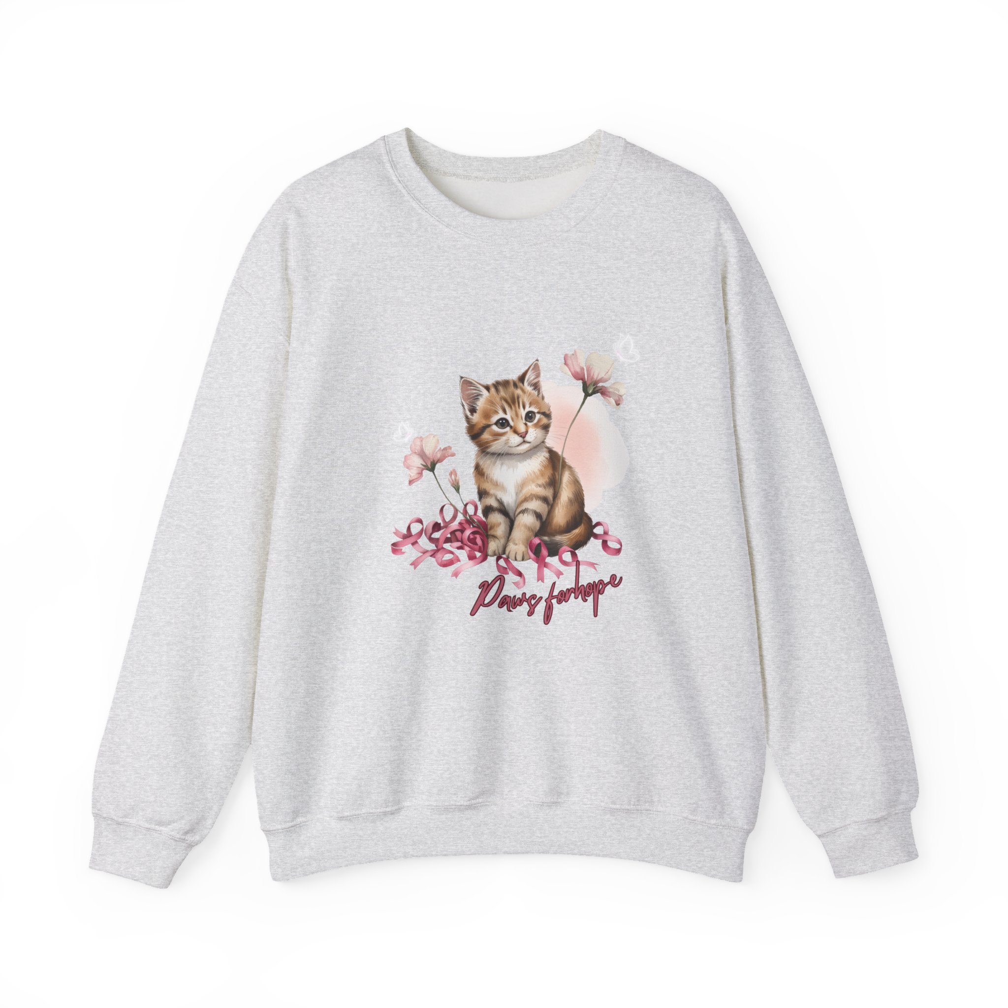 Crewneck Sweatshirt with Cute Tabby Kitten & Pink Ribbons, Paws for Hope, Breast Cancer Survivor, Cat Lover Gift, Pink Flowers