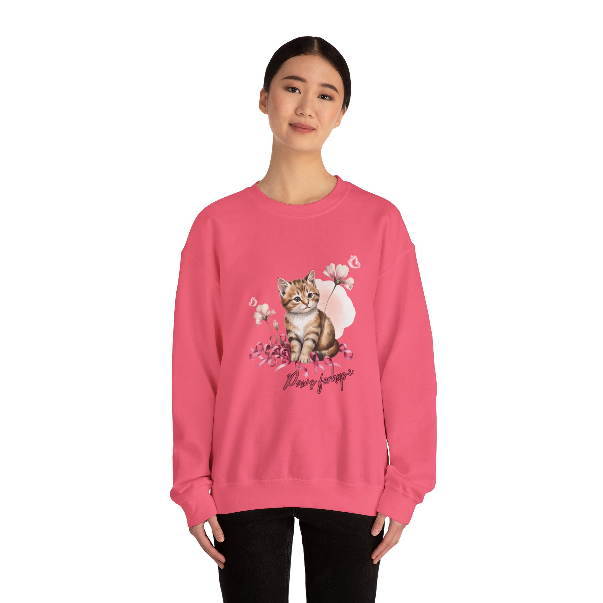 Crewneck Sweatshirt with Cute Tabby Kitten & Pink Ribbons, Paws for Hope, Breast Cancer Survivor, Cat Lover Gift, Pink Flowers - Image 12