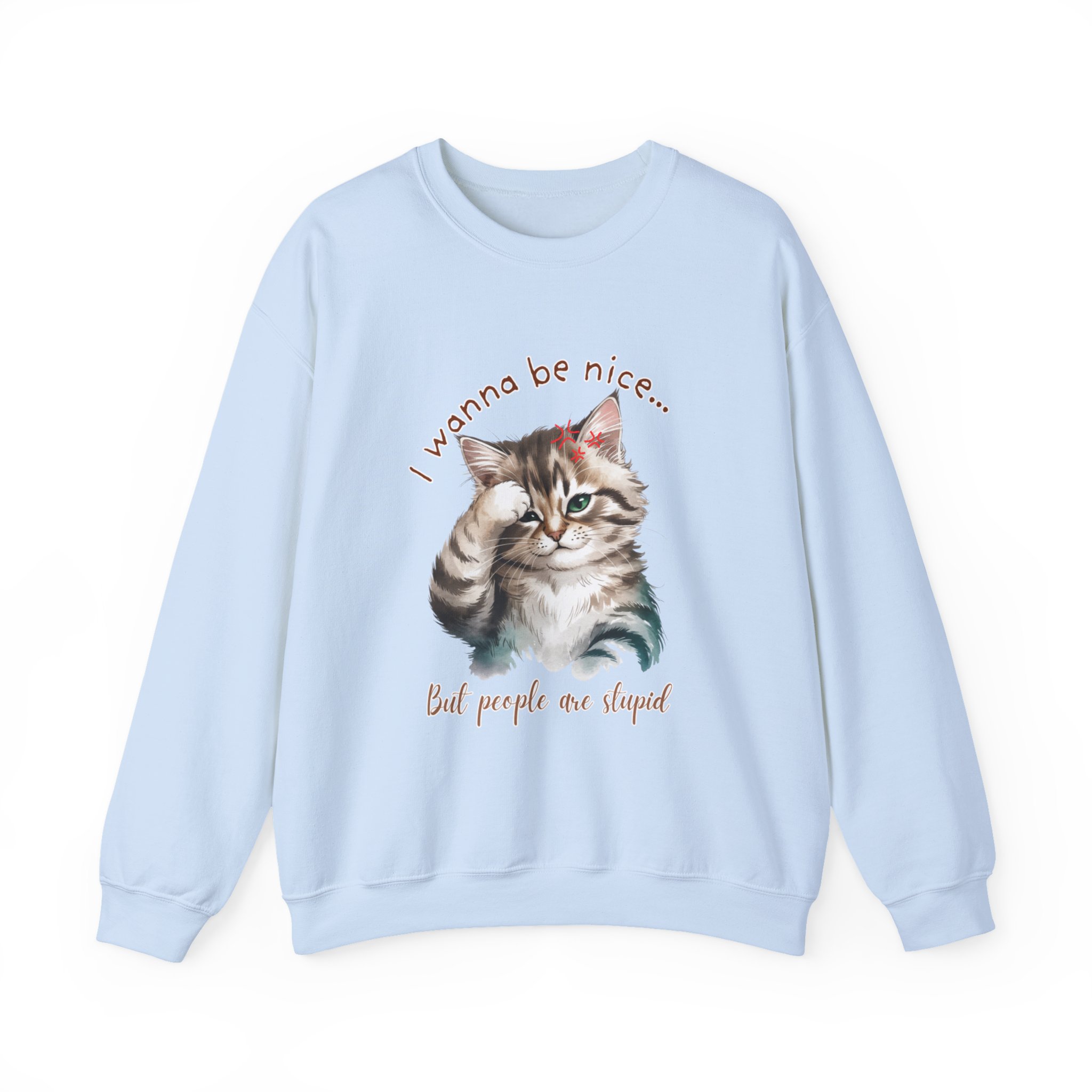 Funny Frusterated Grey Tiger Cat Crewneck Sweatshirt for Office Humor, Unisex Jumper, Cute I wanna be nice Silly Quote Gift, Corporate - Image 13