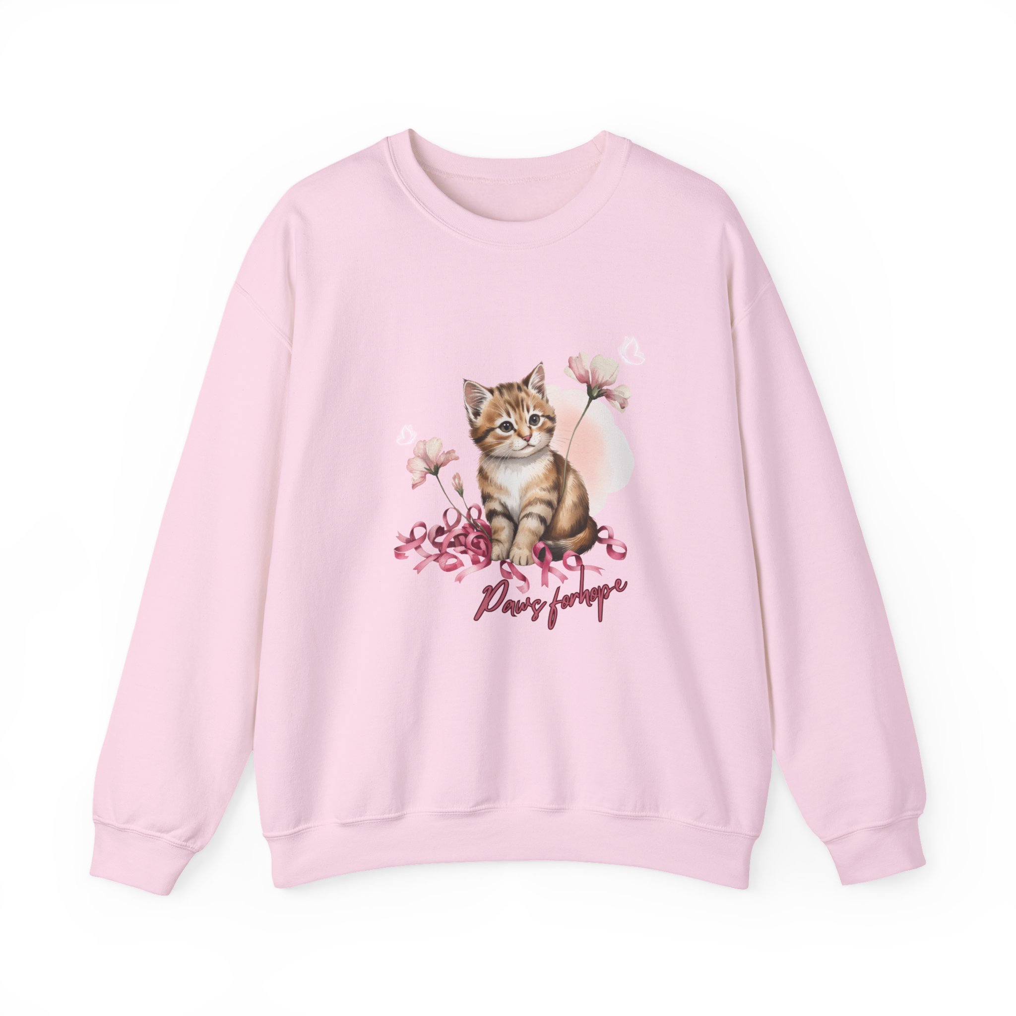 Crewneck Sweatshirt with Cute Tabby Kitten & Pink Ribbons, Paws for Hope, Breast Cancer Survivor, Cat Lover Gift, Pink Flowers - Image 5