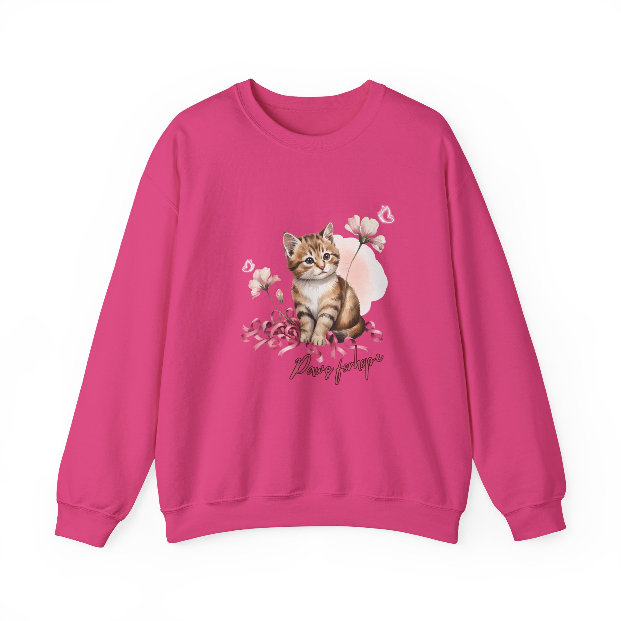 Crewneck Sweatshirt with Cute Tabby Kitten & Pink Ribbons, Paws for Hope, Breast Cancer Survivor, Cat Lover Gift, Pink Flowers - Image 13