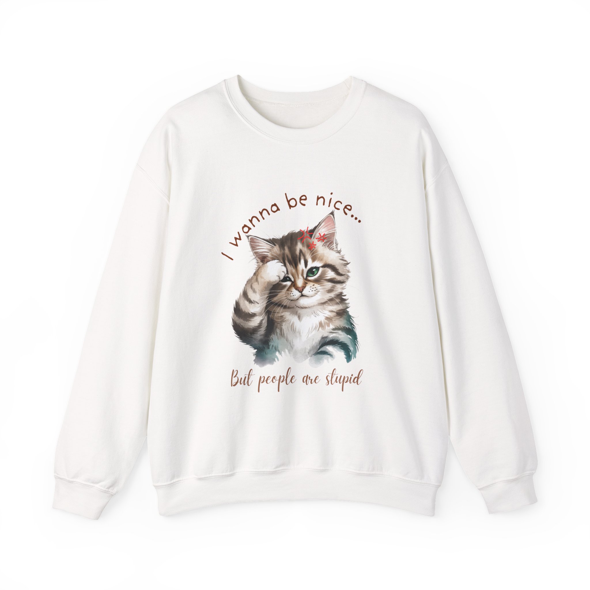 Funny Frusterated Grey Tiger Cat Crewneck Sweatshirt for Office Humor, Unisex Jumper, Cute I wanna be nice Silly Quote Gift, Corporate