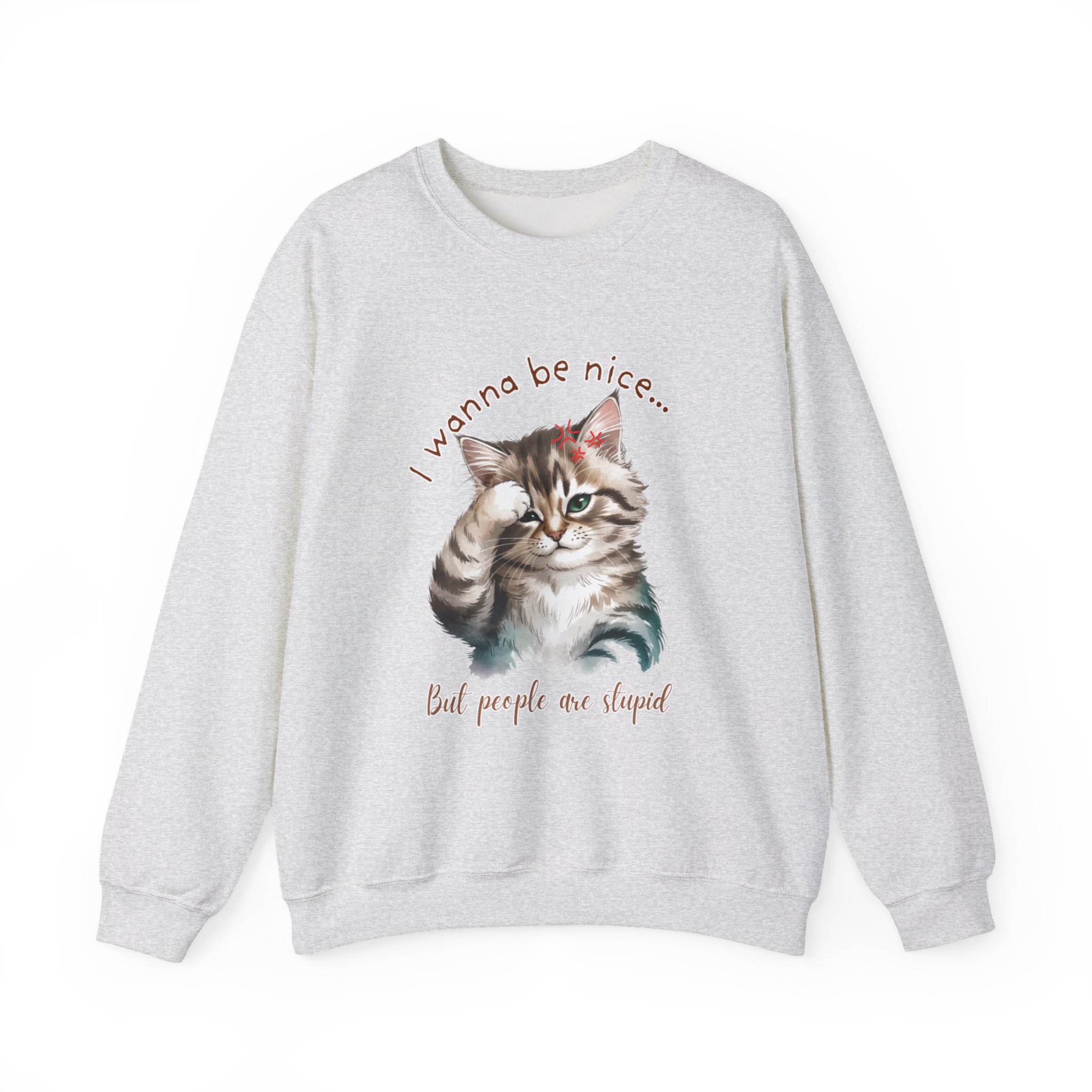 Funny Frusterated Grey Tiger Cat Crewneck Sweatshirt for Office Humor, Unisex Jumper, Cute I wanna be nice Silly Quote Gift, Corporate - Image 5