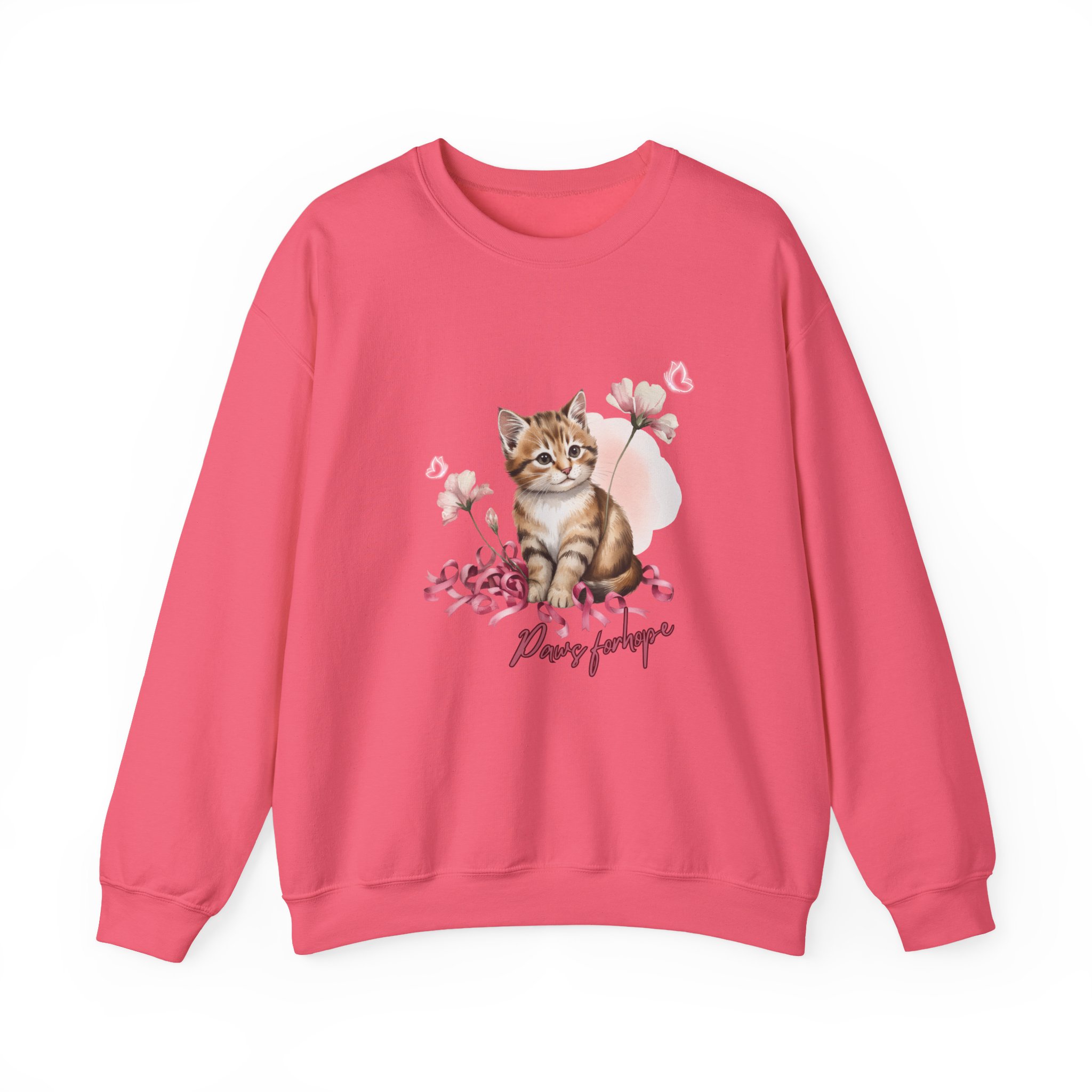 Crewneck Sweatshirt with Cute Tabby Kitten & Pink Ribbons, Paws for Hope, Breast Cancer Survivor, Cat Lover Gift, Pink Flowers - Image 9